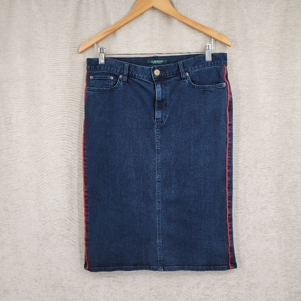 Lauren Ralph Lauren Y2K Blue Jean Denim Midi Pencil Skirt Red Satin Piping Trim